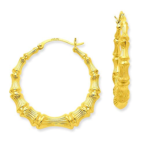 14K Yellow Gold Bamboo Hoop Earrings Jewelry