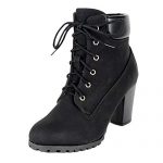KSC Womens Rugged Lace Up Stacked High Heel Ankle Boots,Color:Black,Size