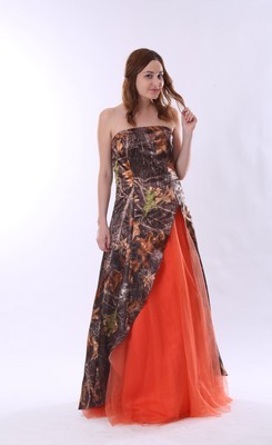 Colorful Strapless Split Front Orange and Camo Wedding Dress