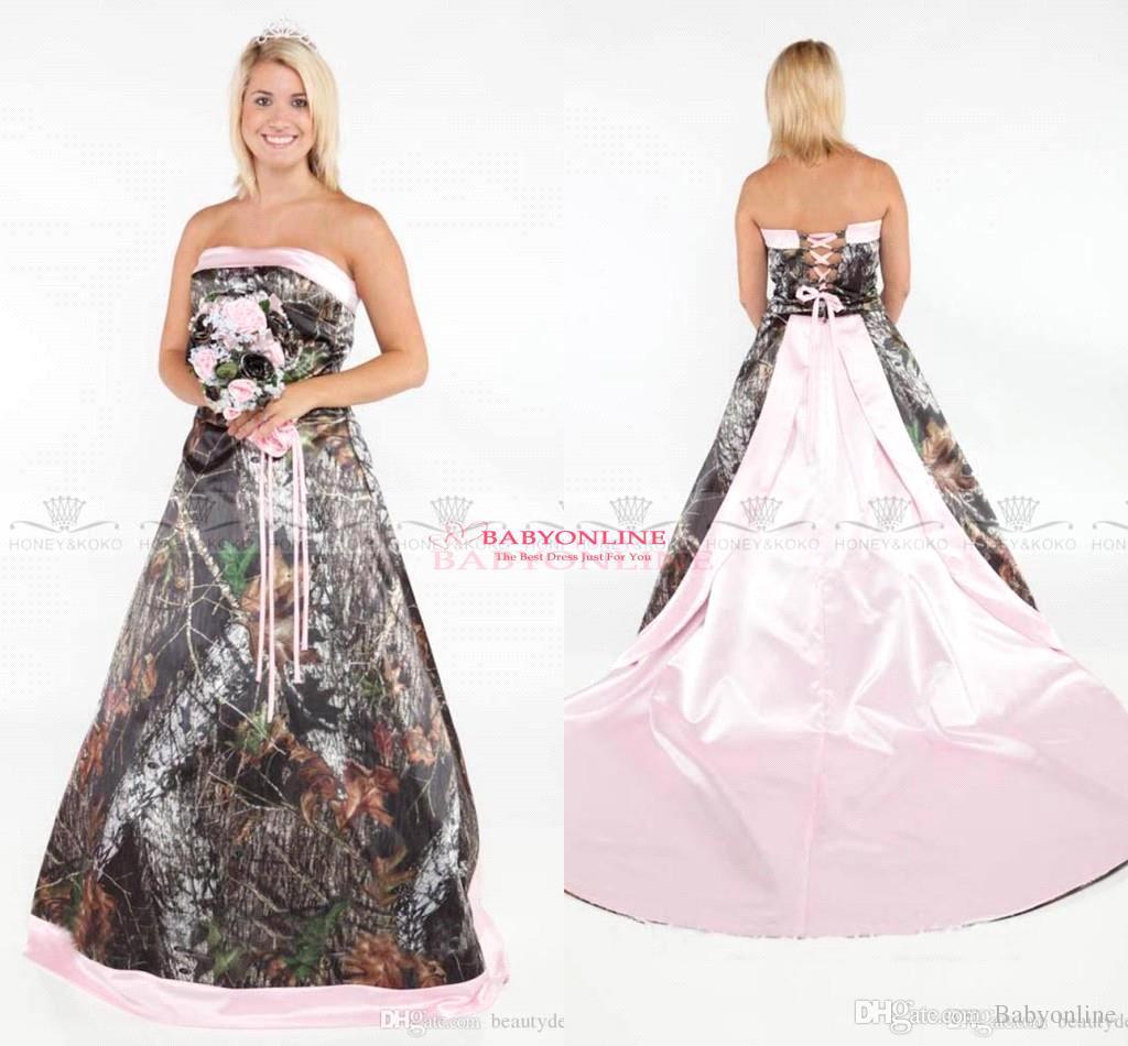 Vintage Strapless 2017 Camo Wedding Dresses Forest Satin Pink Edged Wedding  Gowns With Lace Up And Removable Train Plus Size Bridal Gowns Pink Dresses