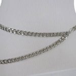 New Women Silver Thick Metal Chunky Chain Link Fashion Belt Side Wave 2  Strands Hip High Waist Size XS S M L XL