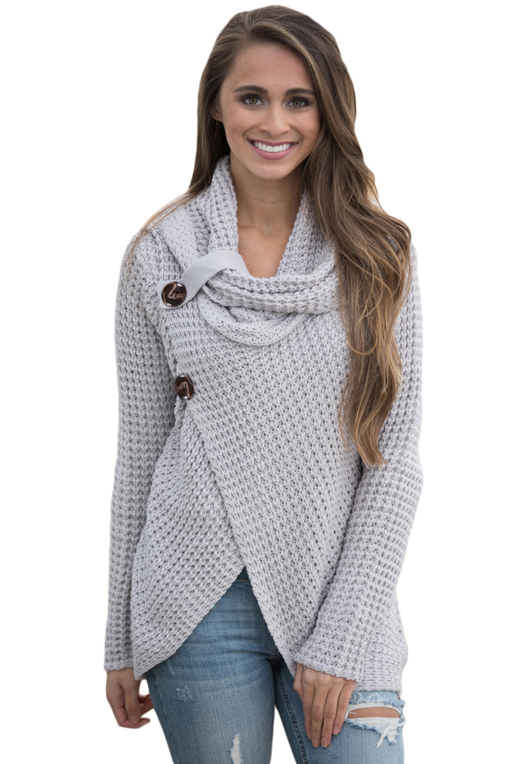 Grey Buttoned Wrap Cowl Neck Sweater Traveller Location. Loading zoom