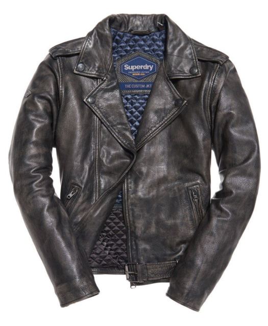 SUPERDRY MENS SD Endurance Custom Leather Jacket -Black Grey Rub Off-SMALL-  NEW