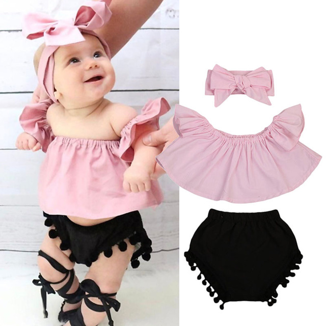 Pudcoco 3PCS Summer Cute Baby Girls Fashion Outfit Newborn Baby Girl Clothes  Set Off Shoulder Top