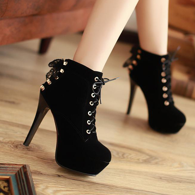 Cute Black High Heel Boots with Lace Detail