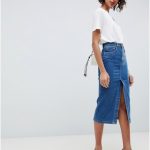 ASOS DESIGN denim midi skirt with split front in midwash blue - Blue