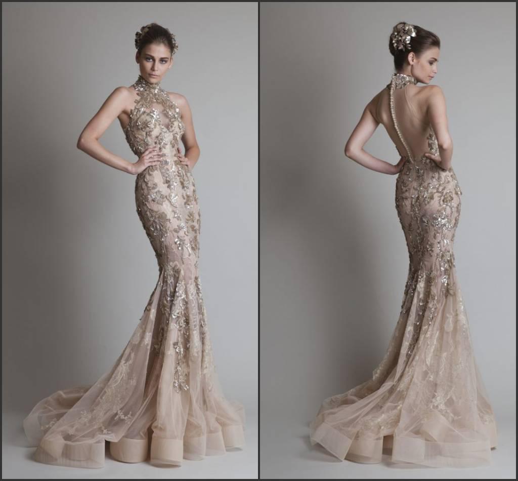 New Designer Luxury Gold Color Gown High Neck Collar Tulle Mermaid Long  Train Appliques Bridal Wear Wedding Dress Designer Bridal Dresses Dress  Bridal From