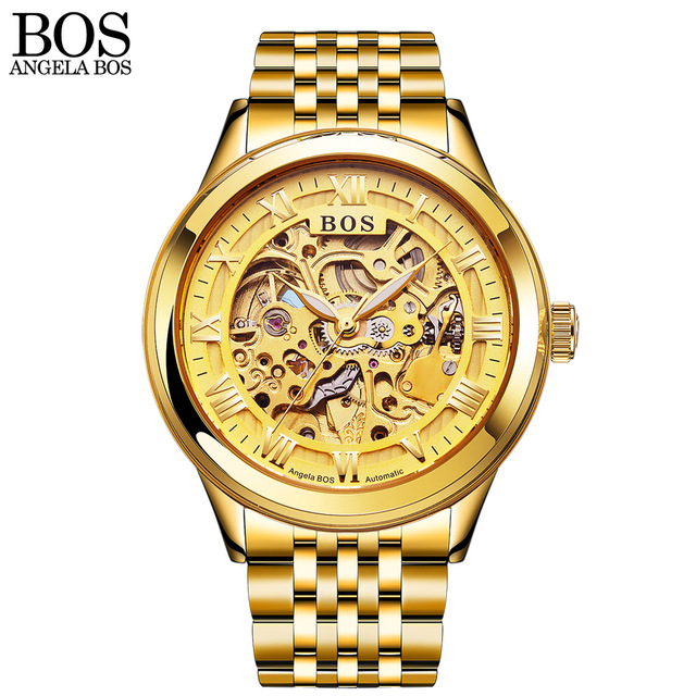 ANGELA BOS Gold Watch Men Mechanical Automatic Stainless Steel Skeleton  Waterproof Luminous Mens Designer Watches Luxury