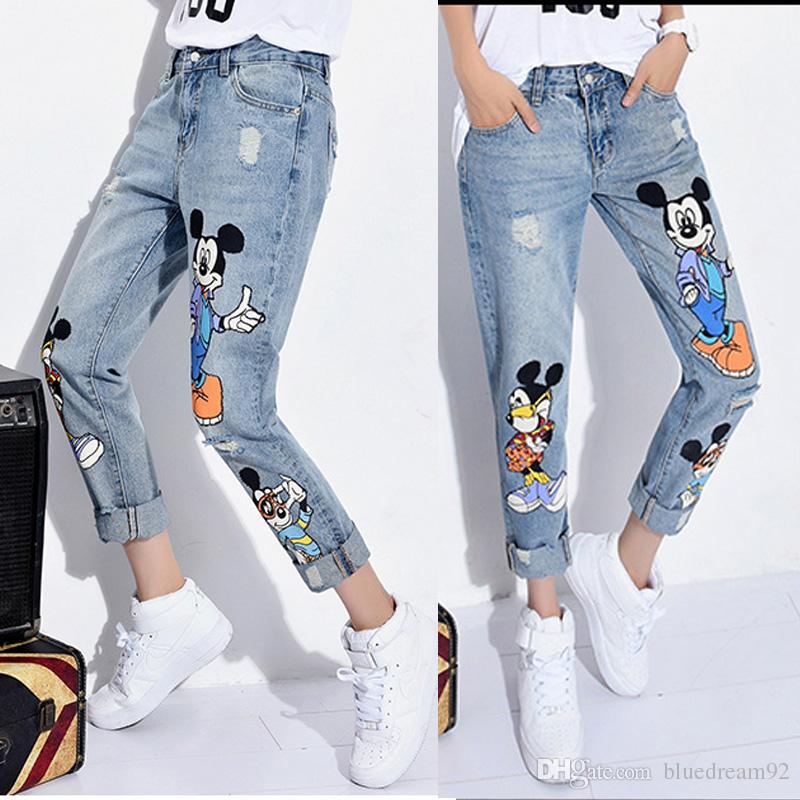 Printing Loose Plus Size Jeans for Women Cartoon Destroyed Jeans Woman New  Holes Capri Boyfriend Denim Womens Ripped Jeans for Girls Pants Plus Size  Jeans