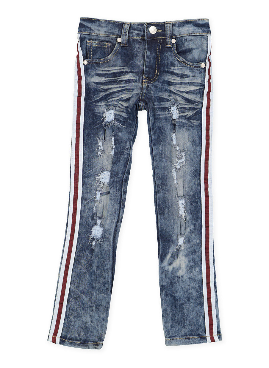 Pinterest share product Girls 7-16 Striped Tape Destroyed Jeans,DENIM,large