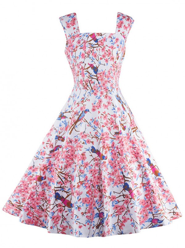 -48% Pink Straps Print Zipper-up 40s Vintage Dress for Women