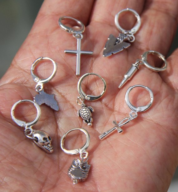 Silver Men Earrings-Men Bullet Earrings-Hoop Earrings-Silver Hoop Earrings-Sterling  Silver-Cartilage Hoop-Earrings For Men-Mens Hoop Earring