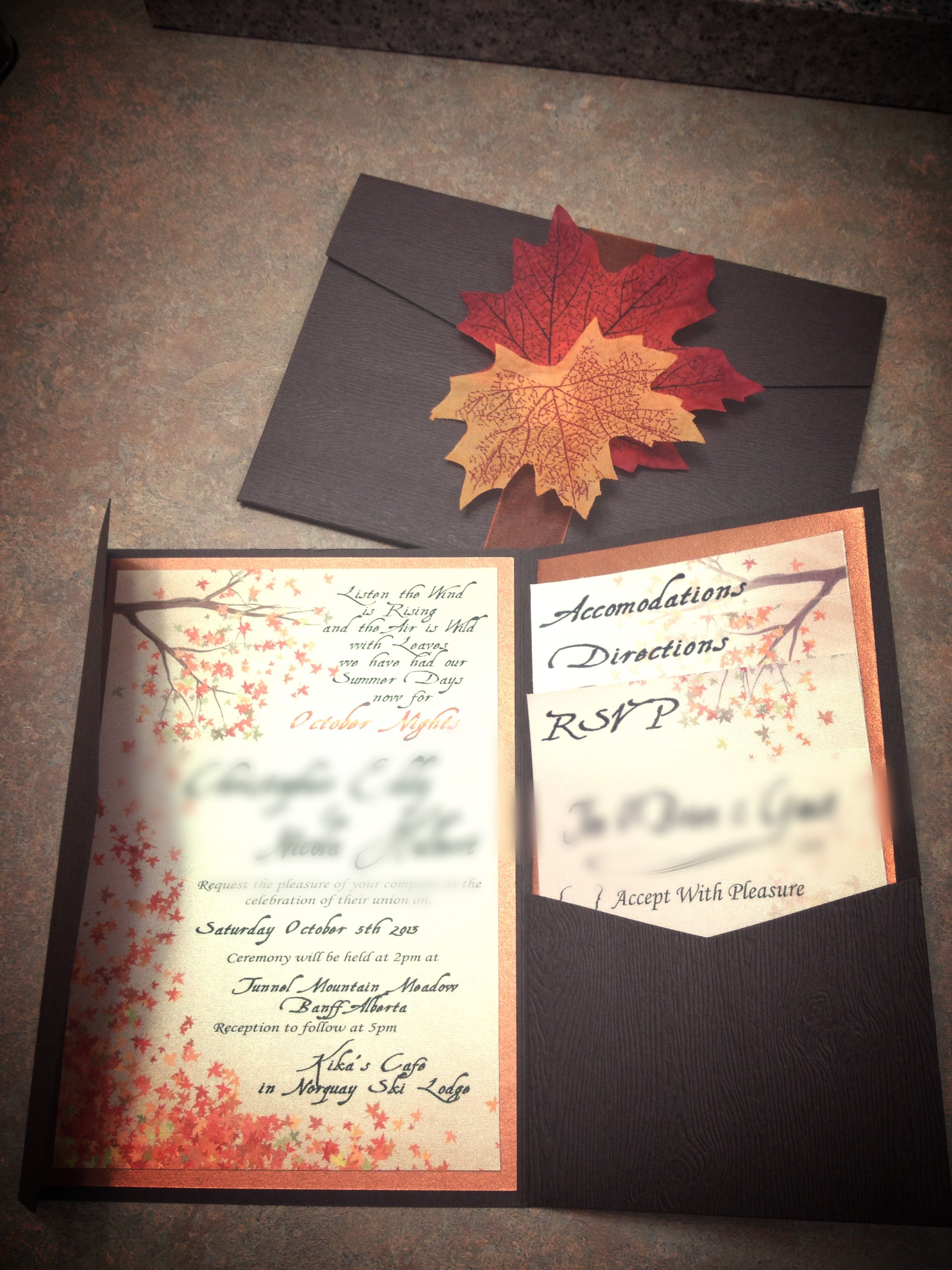 Autumn wedding invites. Pocket fold invites from Traveller Location The  card is wood grained with maple leaves and forest themed