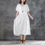 Fine long cotton linen dresses oversized Women White Linen Lacing Casual  Short Sleeve Dress