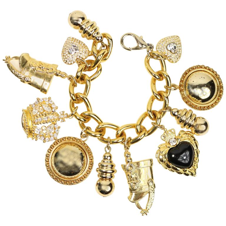 Vintage 80s Gold Chain Charms Bracelet For Sale