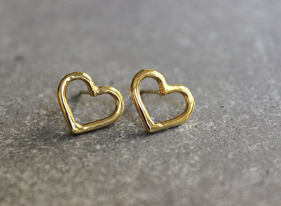 Simple gold stud earrings, Gold heart studs, Gold studs, Small stud earrings,  Open heart earrings