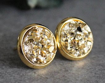 Gold Stud Earrings, Gold Earrings, Gold Druzy Earrings, Gold Post Earrings,  Gold Glitter Earrings, Small Gold Earrings, Gold Druzy Studs