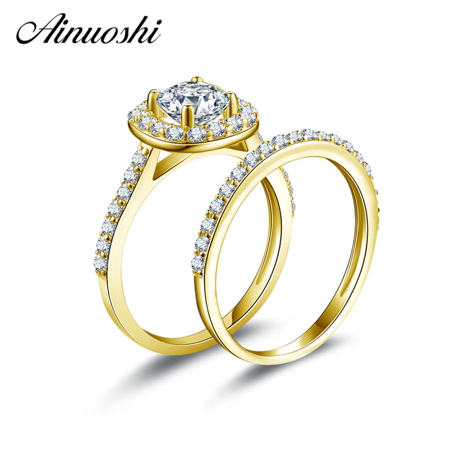 AINUOSHI 10K Yellow Gold Wedding Ring Sets Round Cut Sona Simulated Diamond  Proposal Bands Women Engagement