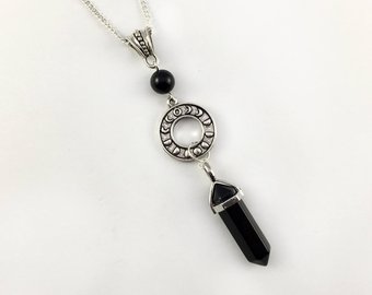 Black Onyx Moon Phase Pendant on Silver Plated Chain - Black Onyx Necklace,  Onyx Pendant, Onyx Jewelry, Gothic Jewelry, Gothic Pendant, Goth