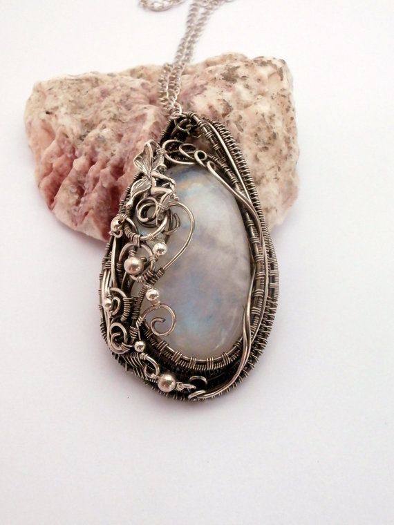 Wire Wrapped Moonstone Pendant Necklace, Sterling Silver, Antiqued Silver Wire  Jewelry, Handmade Wire Weaved Jewelry