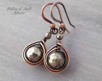 Pyrite Earrings - Wire wrapped jewelry handmade - Copper jewelry - 7th  anniversary gift for her - gemstone earrings - wire jewelry for women