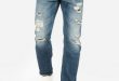 Express View · slim straight destroyed medium wash stretch jeans