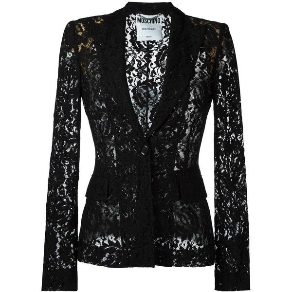 Moschino Lace Jacket ($1,425) ❤ liked on Polyvore featuring outerwear,  jackets, black, peaked lapel blazer, moschino jacket, moschino, blazer  jacket and