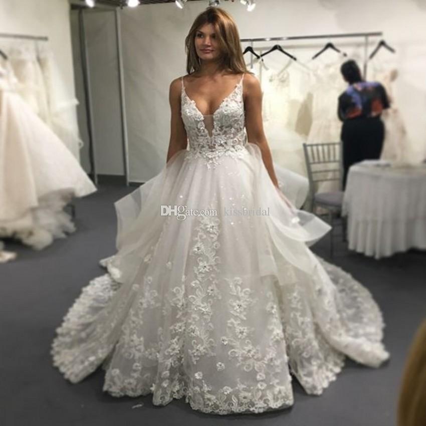 Elegant Lace Wedding Dresses 2019 A Line Spaghetti V Neck Backless Bridal  Gowns Bead Lace Appliques Tulle Sheer Formal Gowns for Bride