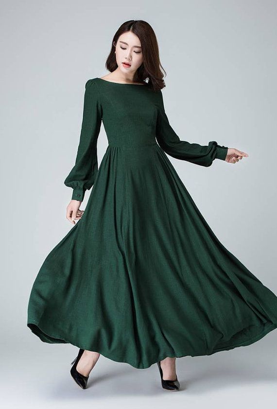 linen dress handmade, bishop sleeve dress, long sleeve dress, boat neck  dress, dark green dress, maxi long dress, women dresses, custom 1454