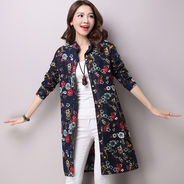 Dresses online spring Fashion Women Long Shirt Arts Style Loose Casual  cotton linen Blouses Vintage Print