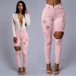 blouse pink white low cut ripped jeans cute heels black sexy