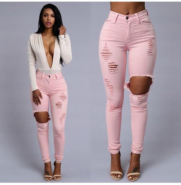 blouse pink white low cut ripped jeans cute heels black sexy