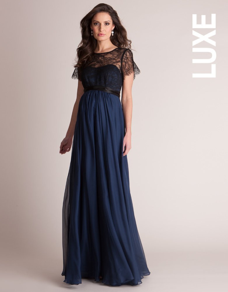 Navy Blue Silk and Lace Maternity Gown