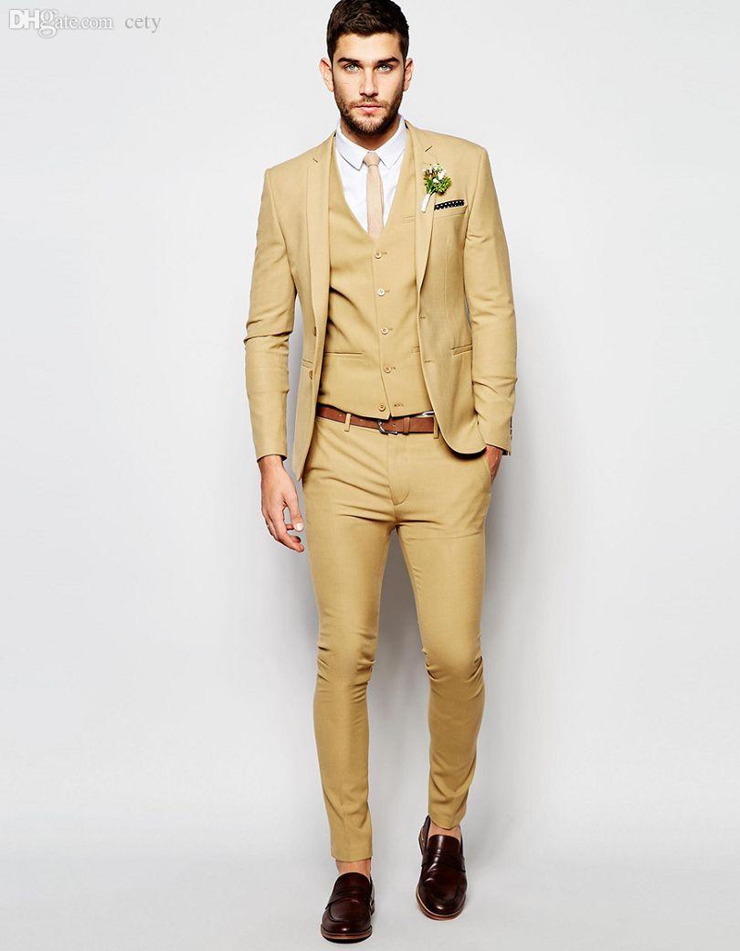 2019 Wholesale 2016 Wedding Super Skinny Fit Suit In Camel Man Suit Custom  Made Tuxedos Groomsman Suit Wedding SuitsJacket+Pants+Vest From Cety,