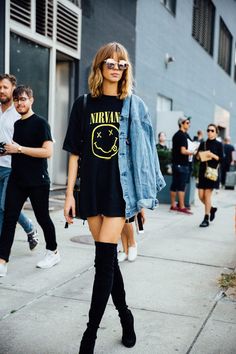 NYFW SS 2017 Street Style | Graphic band T-shirt dress, denim jacket,
