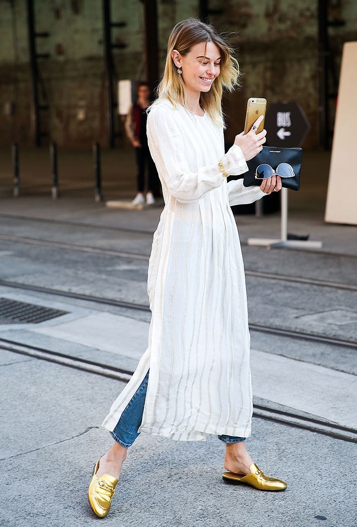 Browse the best summer street style outfit ideas at Stylecaster | white  maxi dress* jeans* gold loafers