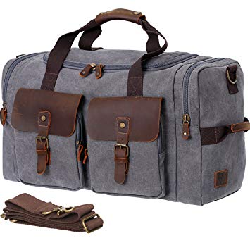 WOWBOX Duffle Bag Weekender Bag for Men and Women Genuine Leather Canvas  Travel Overnight Carry on