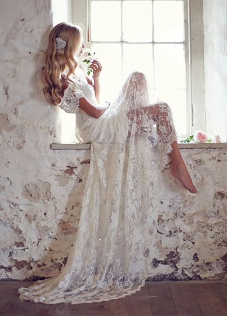 Discount MANSA 2015 Vintage Lace Wedding Dress With Cap Sleeves Bohemian  Beach Wedding Gown Backless Long Bride Dresses Vestido De Noiva Vintage  Wedding