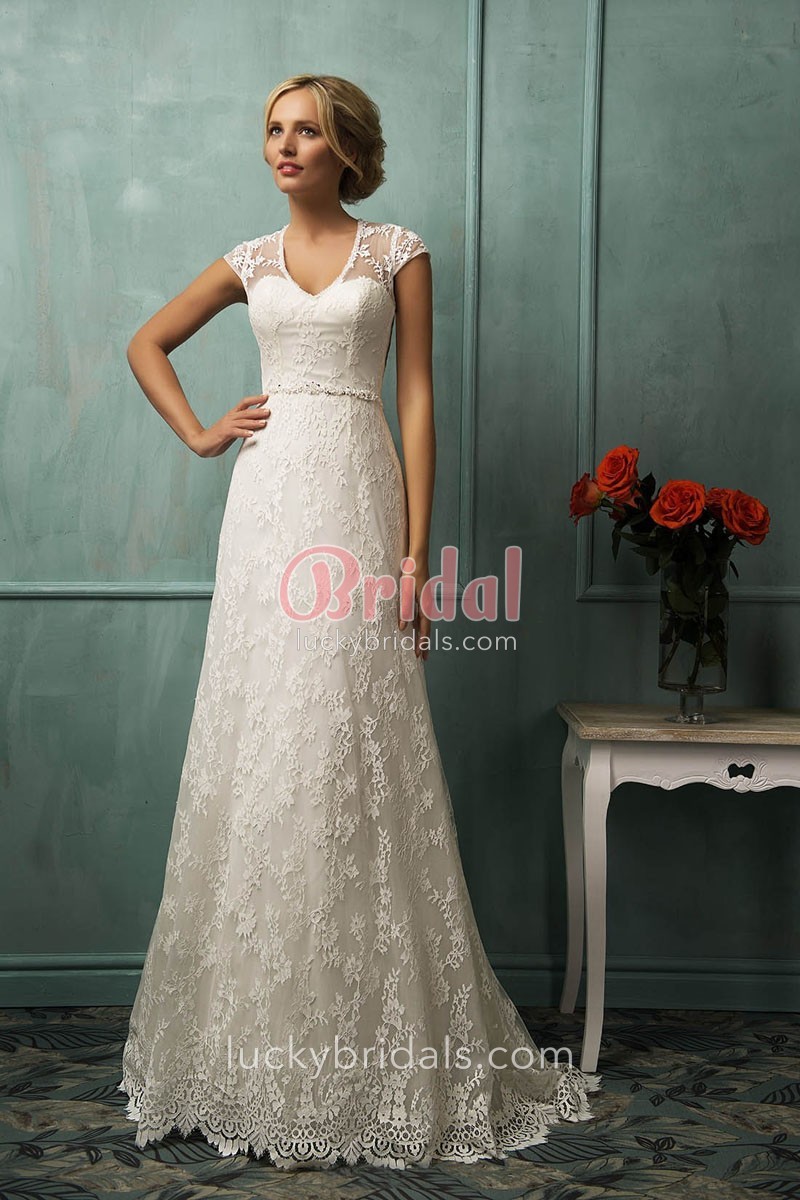 Elegant vintage lace sweetheart cap sleeve V neck A line empire wedding  dress