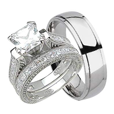 Traveller Location: His and Hers Wedding Ring Set Matching Trio Wedding Bands for  Him Her 10/5: Jewelry