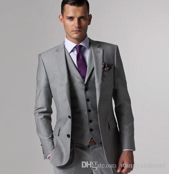 High Quality Custom Made Wedding Suits Groom Tuxedos Handsome Light Grey  Suit Formal Suits Best Man Wear Groomsman SuitsJacket+Pants+Vest Bright  Colored