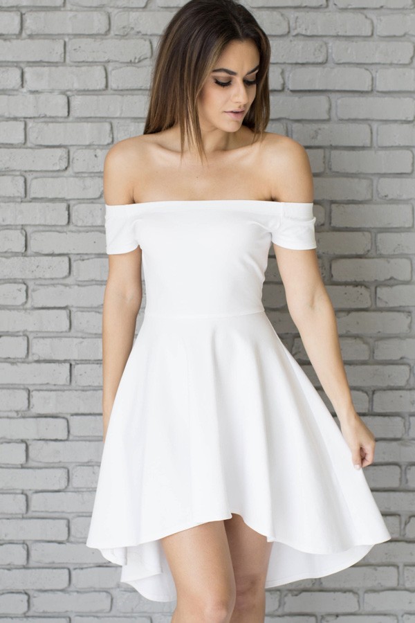 White Off Shoulder Sexy High Low Party Dress