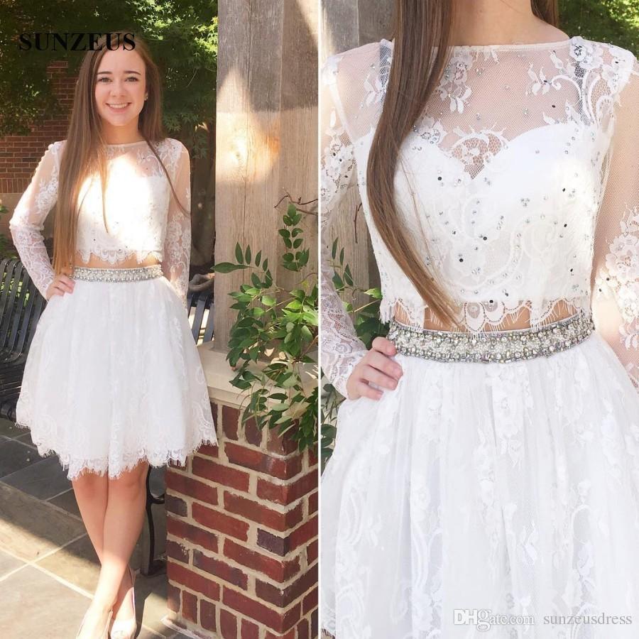 Long Sleeve Short White Party Dresses Two Piece Lace Prom Gowns For Young  Girls Crystal Beaded Homecoming Dress Party Dress For Baby Girl Party Dress  For