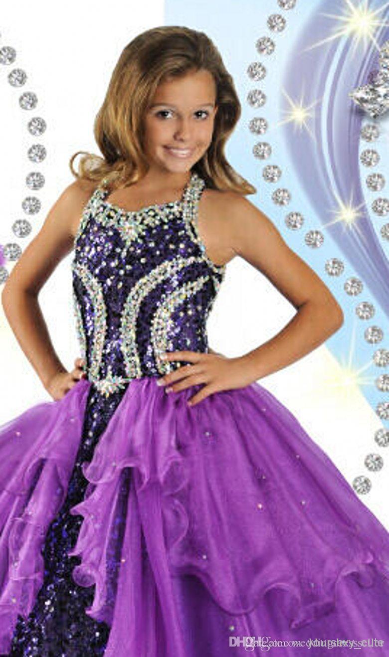2016 Amazing Purple Ball Gown Halter Beads Sequins Custom made Organza  Floor Length Girls Pageant Dresses