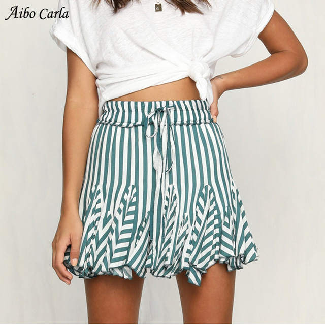 Striped Skirt Elastic Tie Waist Ruffle Skirts Summer New Women Casual Short  Mini Beach Skirt Fashion