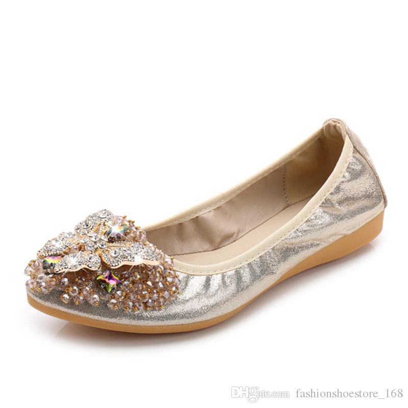 2018 Brand Women Pointed Toe Flats Loafers Fashion Ballet Flats Ladies  Rhinestone Lolita Flat Shoes Black Silver Shoes For Women Footwear Flat  Shoes Women