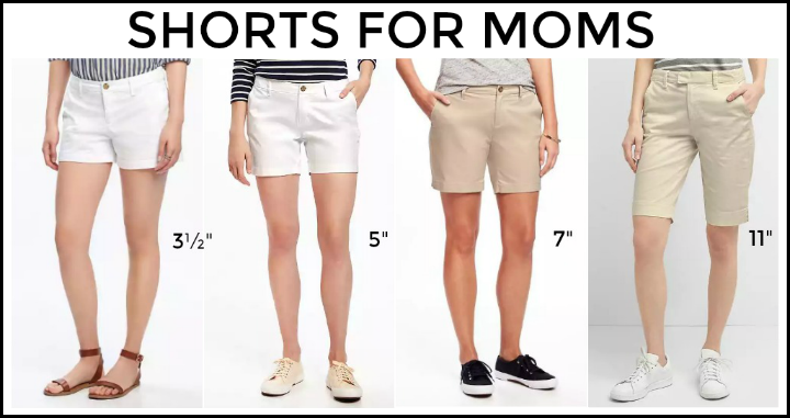 Typically shorts are short (3½” – 4″ inseam), mid-length (5″-7″) or Bermuda  (9″-11″). Most women look best in mid-length shorts.