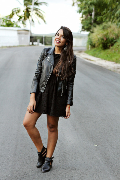 black ankle boots - black lace H&M dress - black leather H&M jacket