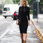 This tight fitting black dress paired with trendy camel ankle boots is both  sophisticated and casual; perfect for work or play. Via Lene Orvik.