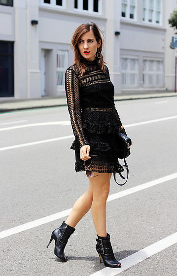 Emily S - Self Portrait Black Long Sleeve Lace Mini Dress, Black Heeled Ankle  Boots